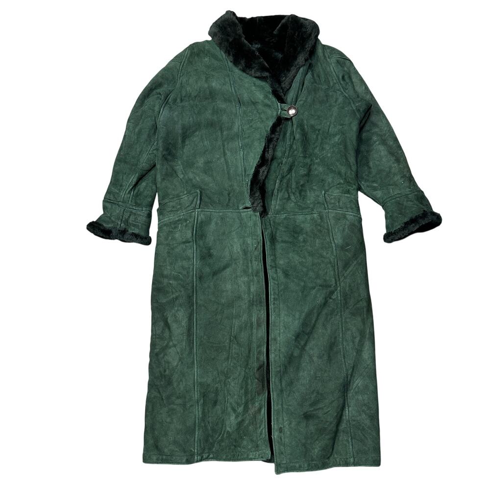 Vintage Overland Sheepskin Leather Long Coat Womens Small Green Lined Pockets